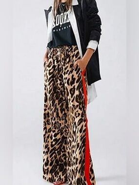 Leopard Print Wide-Leg Pants with Red Side Stripe